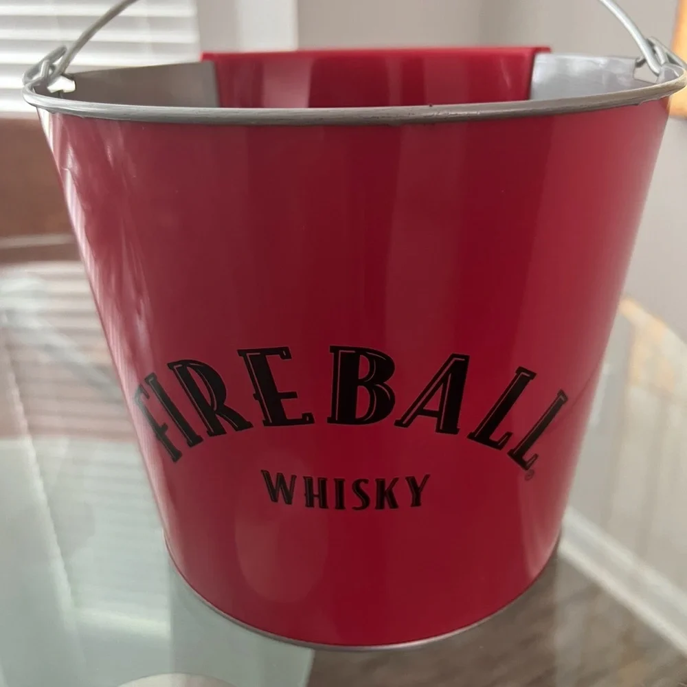 Fireball Red‎ Galvanized Metal Canister Bucket & 3 shot Fireball and T Shirt